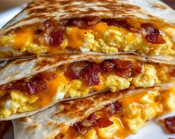 Bacon egg and cheese breakfast quesadilla on a plate, ready to serve.